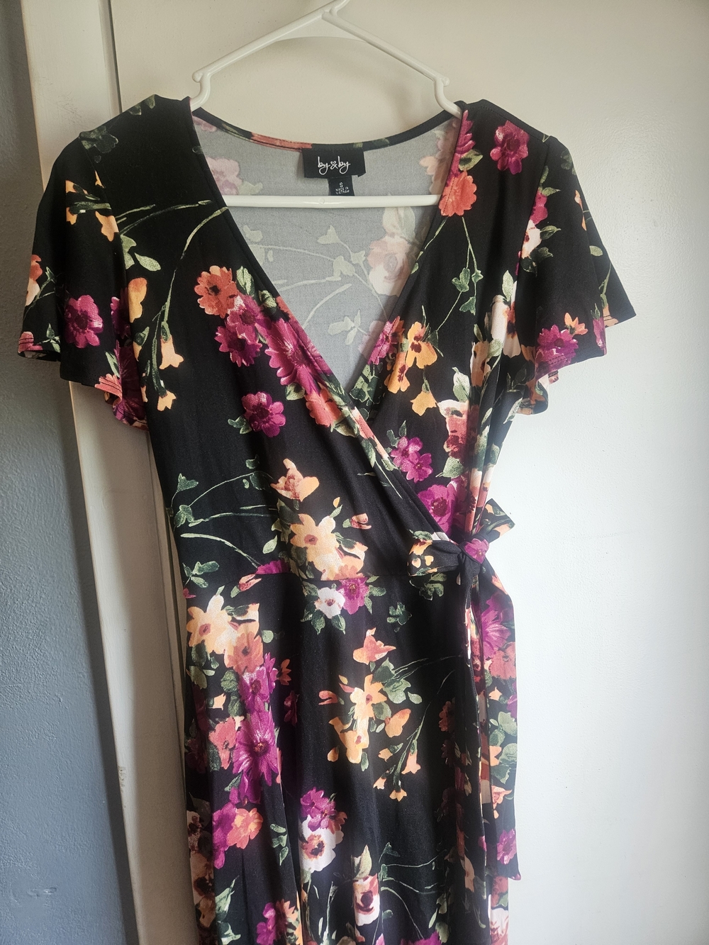 by & by Black Floral Faux Wrap Dress in Pink and Orange
